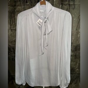 Light Gray Tie-Neck Blouse with Long Sleeves